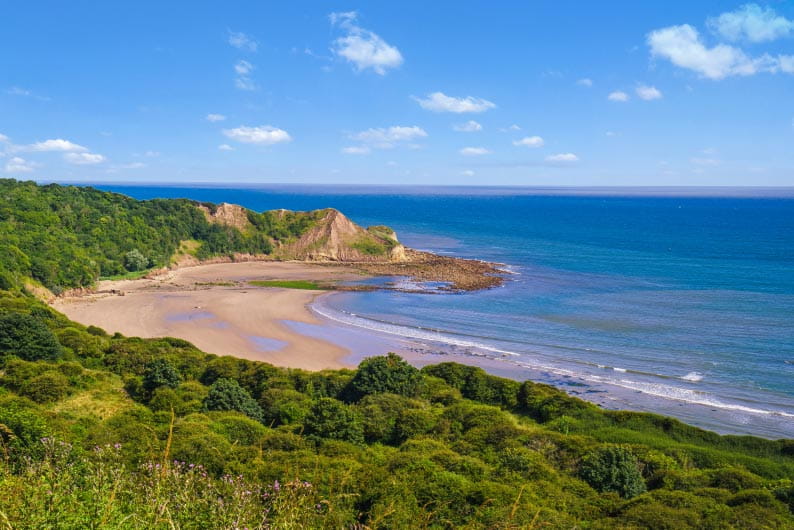 Overlooking Cayton Bay beach on a summer day