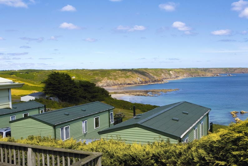 Caravans looking out to sea from Sea Acres Holiday Park in Cornwall