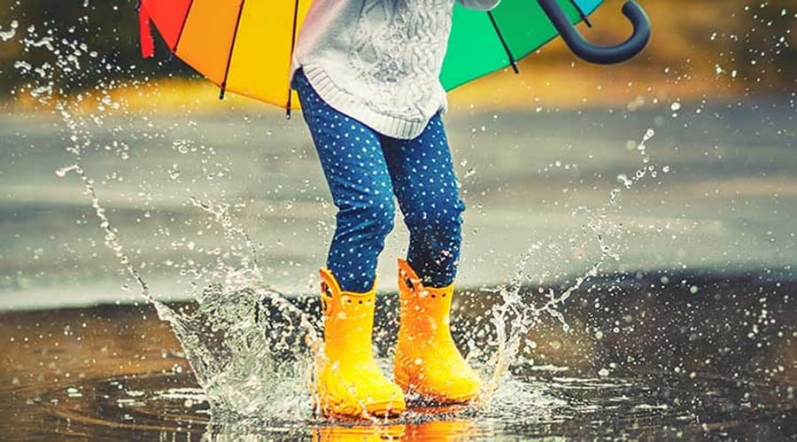 Child in Wellington Jumping into Puddle