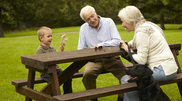 Family on picnic bench with dog
