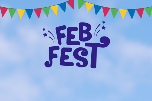 Blue sky background with purple 'Feb Fest' writing complete with colourful bunting