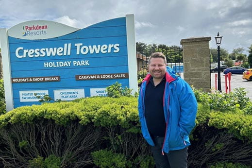 Alex Pearson outside Cresswell Towers Holiday Park