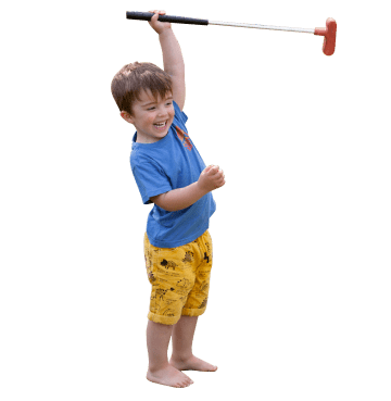 a boy holding a golf putter