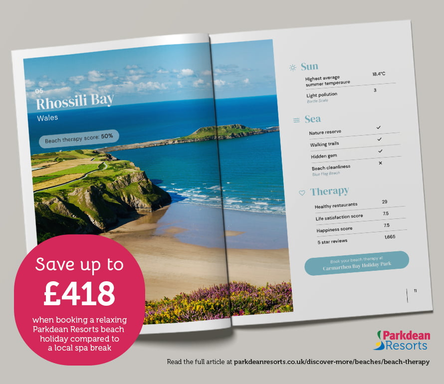 A Parkdean Resorts brochure showing Rhossili Bay
