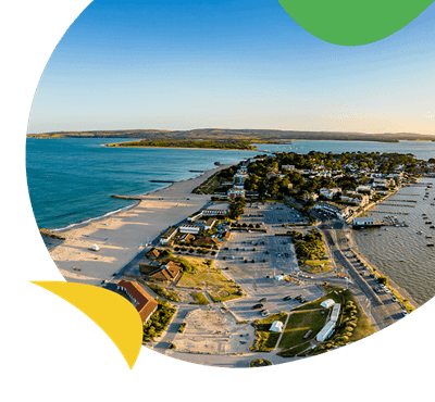 An aerial view over Poole Harbour and Sandbanks