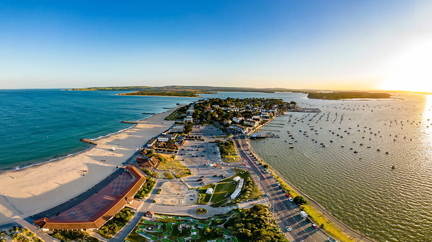 An aerial view over Sandbanks Beach