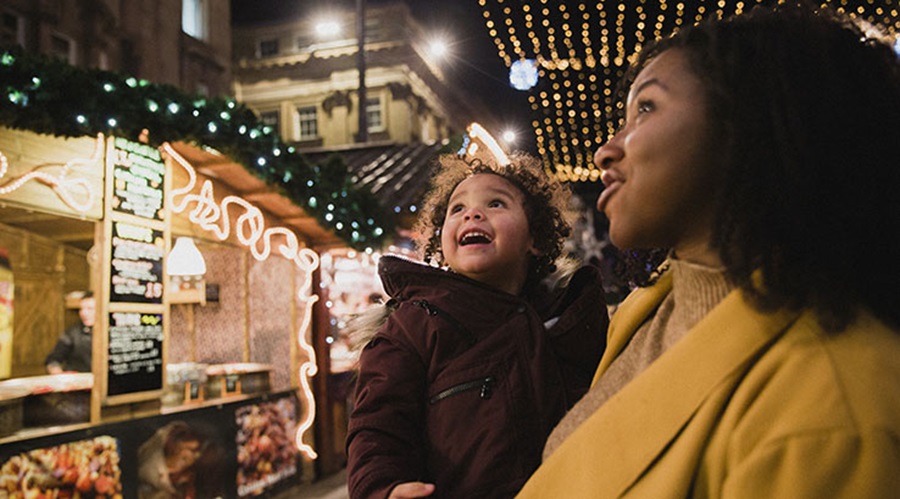 Mother and child enjoying a Christmas market