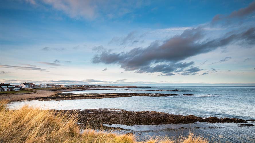 Exposed rocks at low tide at Beadnell Bay in Northumberland