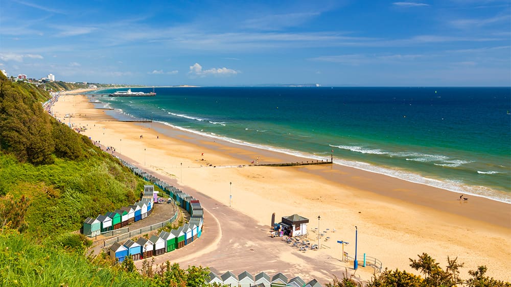 A view over Bournemouth's sandy beach on a sunny day