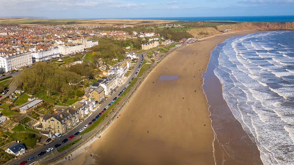 An aerial view over Filey Beach on the North Yorkshire Coast
