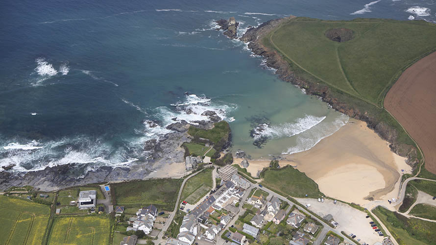 An aerial view of Trevone Bay in North Cornwall