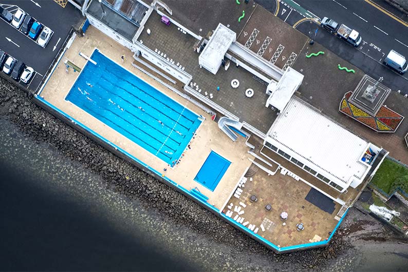 An aerial view of Gourock Outdoor Pool in Inverclyde, Scotland