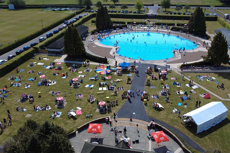 A busy summers day at Ilkley Lido in West Yorkshire