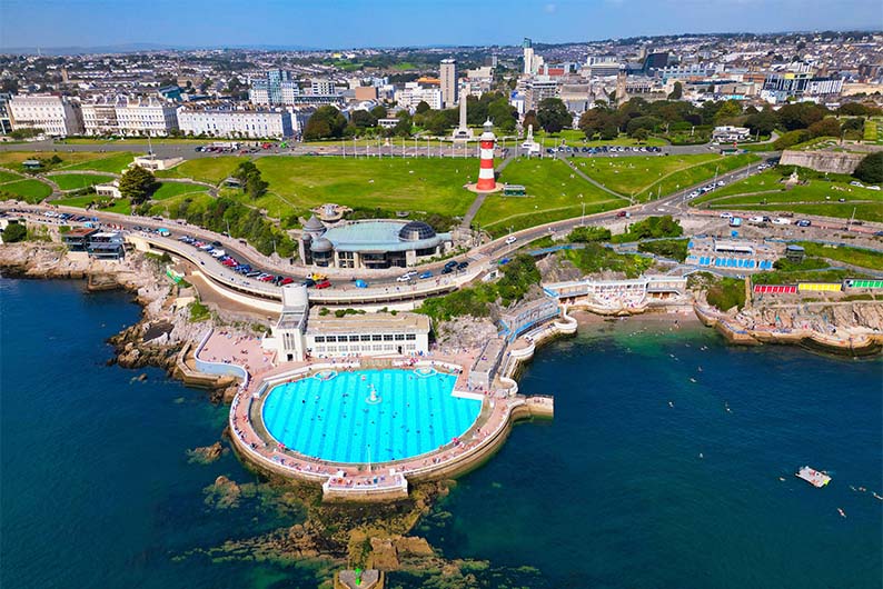 An aerial view of Tinside Lido in Plymouth, Devon