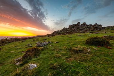 Sunrise at Hound Tor in Devon