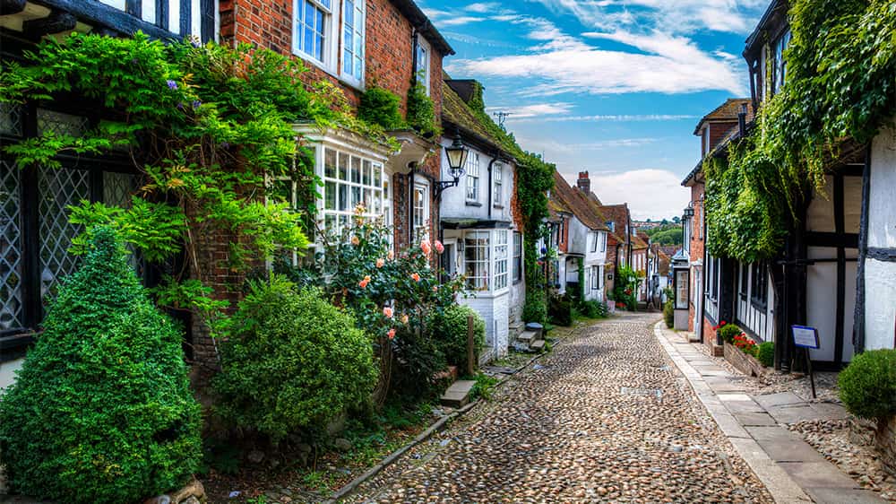 A charming cobbled street lined with historic houses and shops