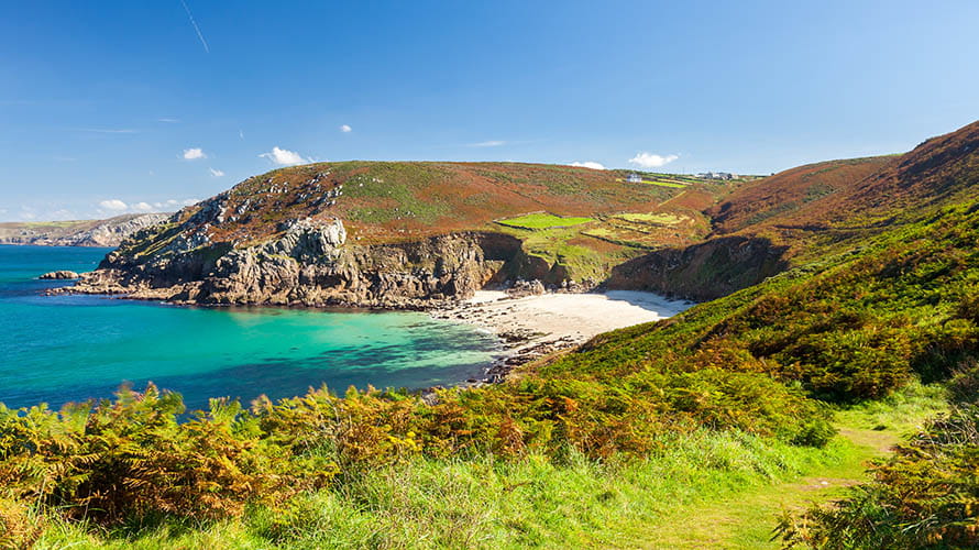 The grassy path from Pendeen Lighthouse leading down to Portheras Cove