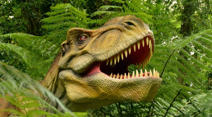 large t-rex dinosaur attraction sticking its head out of bracken