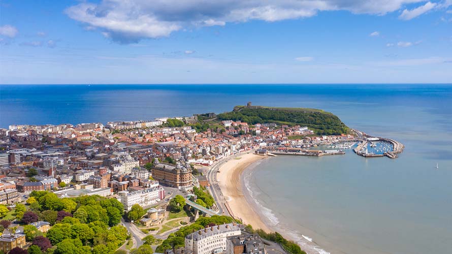 An aerial view over the town of Scarborough in Yorkshire