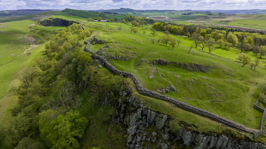 An aerial view of Hadrian's Wall in Northumberland National Park