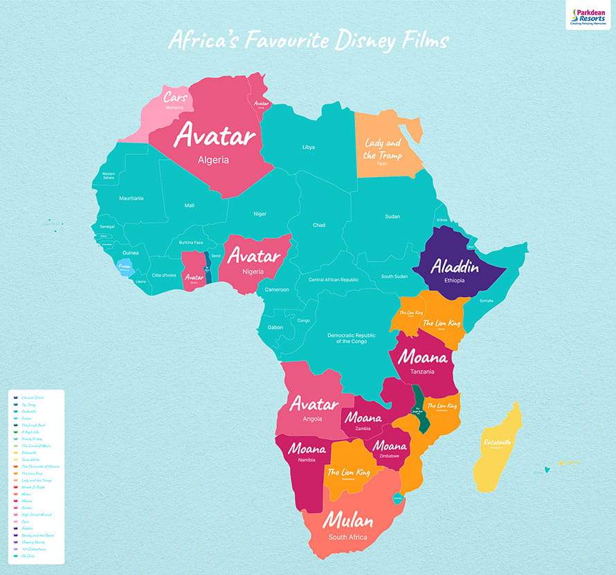 Map showing the most popular Disney movies in Africa