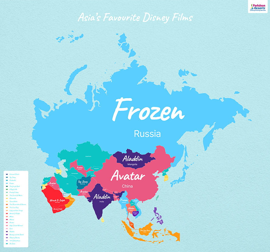 Map showing the most popular Disney movies in Asia