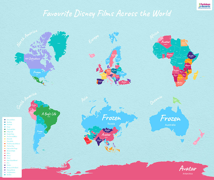 Map showing the most popular Disney movies in every continent
