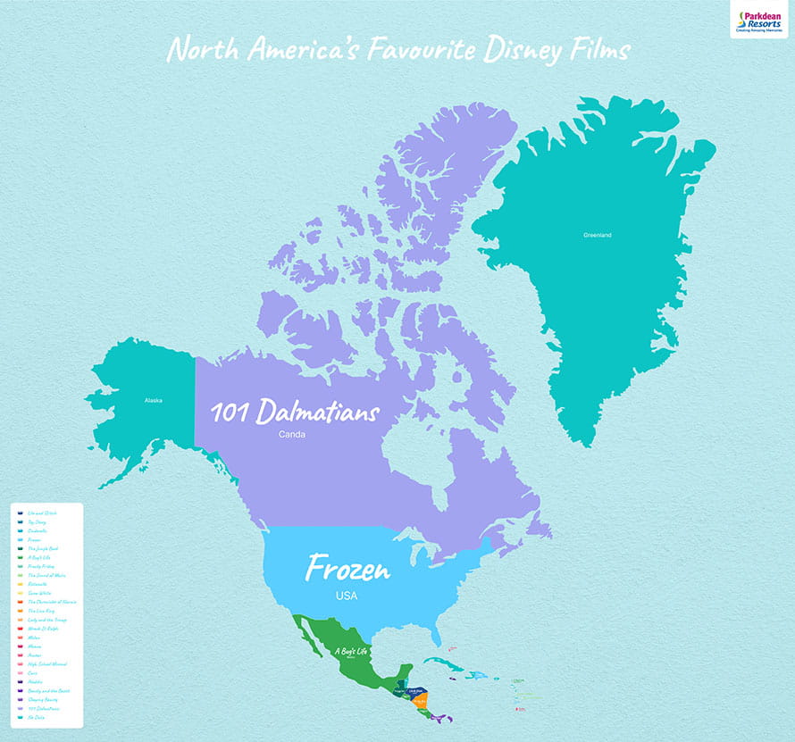 Map showing the most popular Disney movies in North America