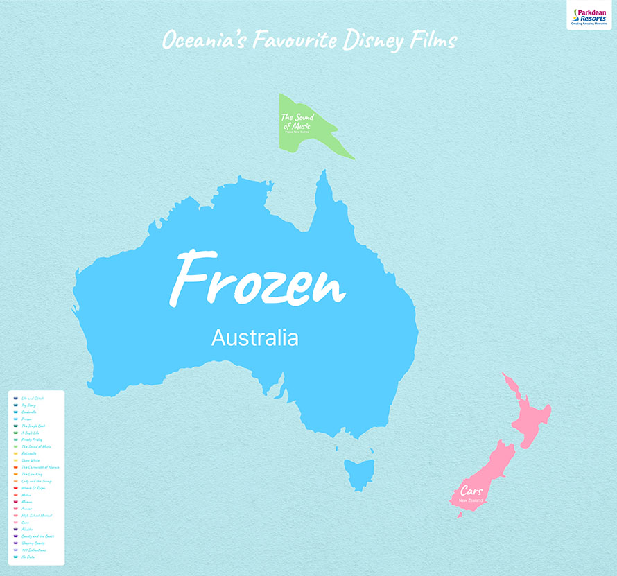 Map showing the most popular Disney movies in Oceania 