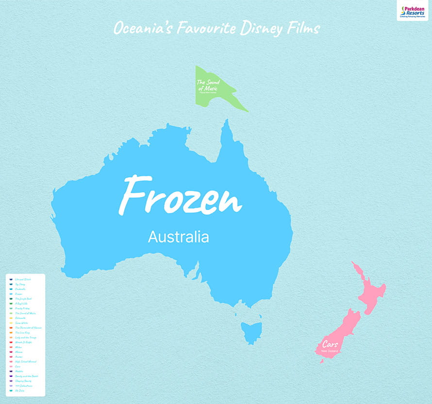 Map showing the most popular Disney movies in Oceania