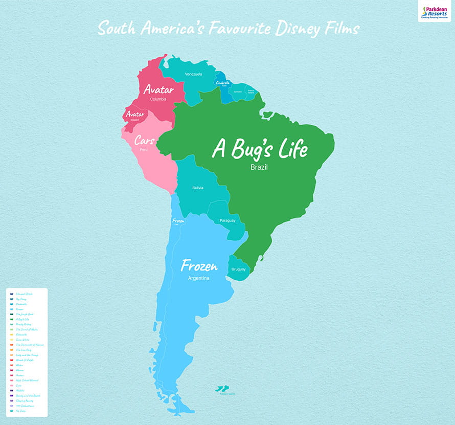 Map showing the most popular Disney movies in South America