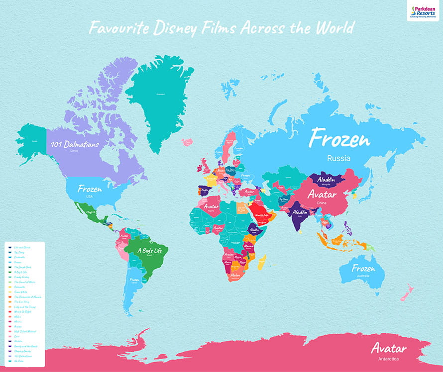 Map showing the most popular Disney movies in the world