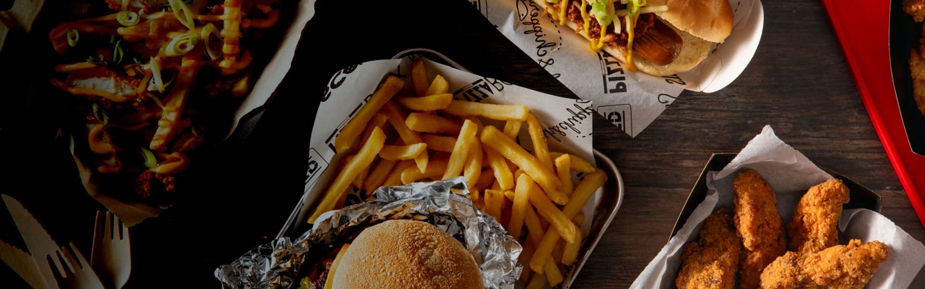 Birdseye view of burgers and fries