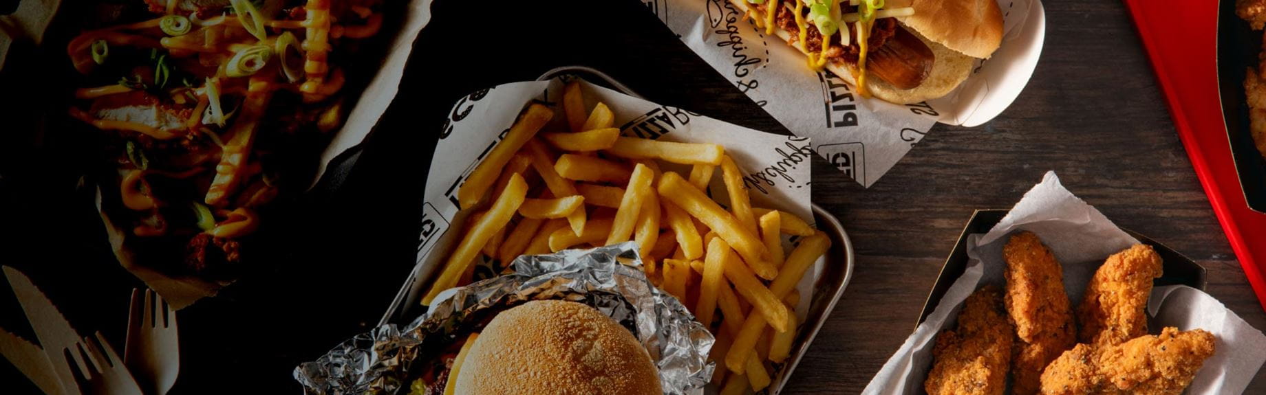 Birdseye view of burgers and fries
