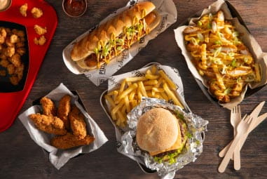 Burgers, fries, loaded nachos and chicken strips