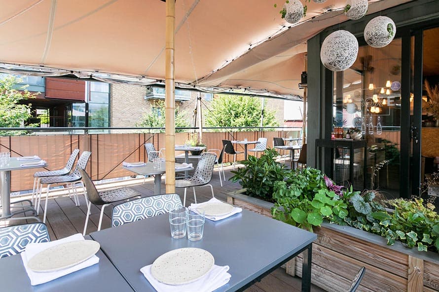 The outdoor dining area at BOX-E in Bristol