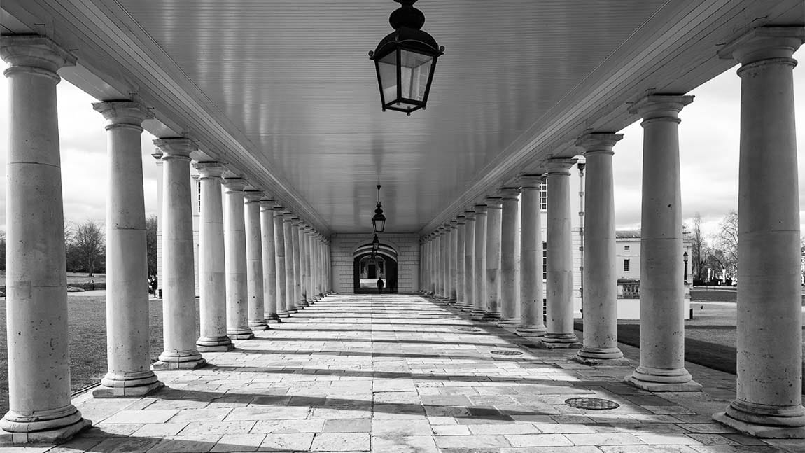 A covered walkway leading to the Queen's House in Greenwick