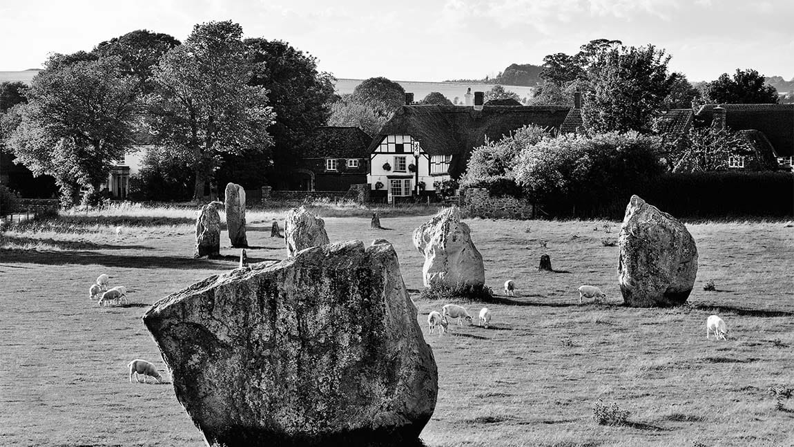 Neolitic stones in a field in front of the Red Lion pub in Avebury