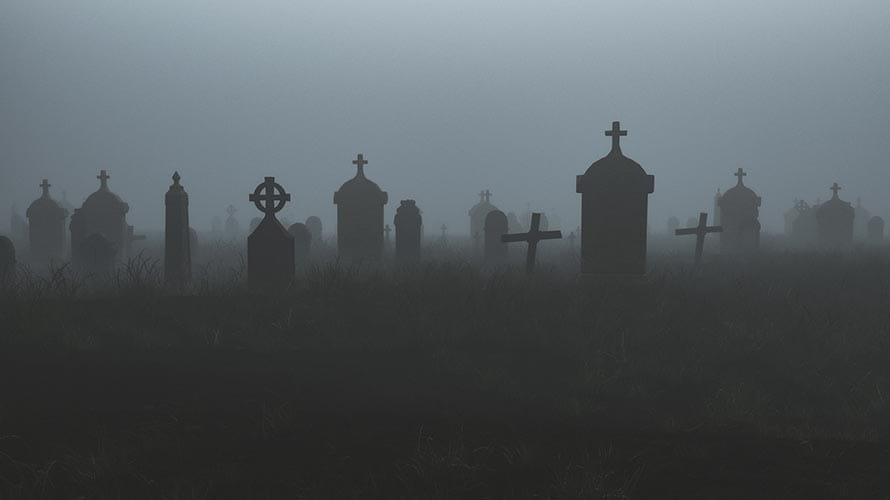 Gravestones in a misty cemetery 