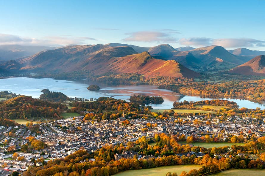 An aerial view over Keswick in the Lake District