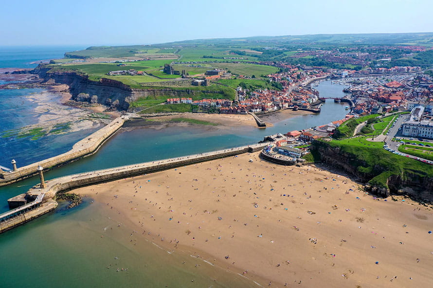 An aerial view over Whitby Harbour in Yorkshire