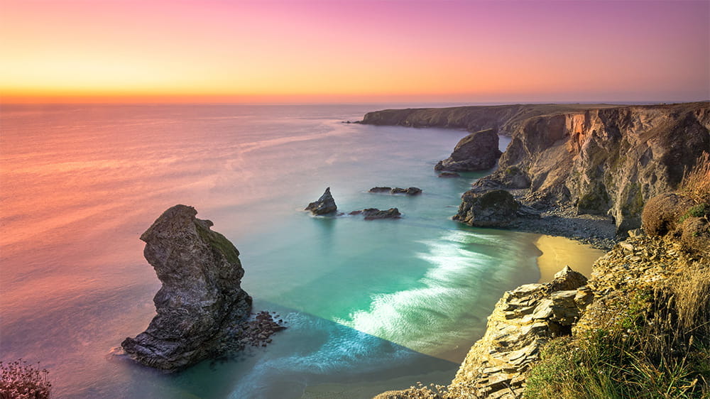 Sunset at Bedruthan Steps in Cornwall