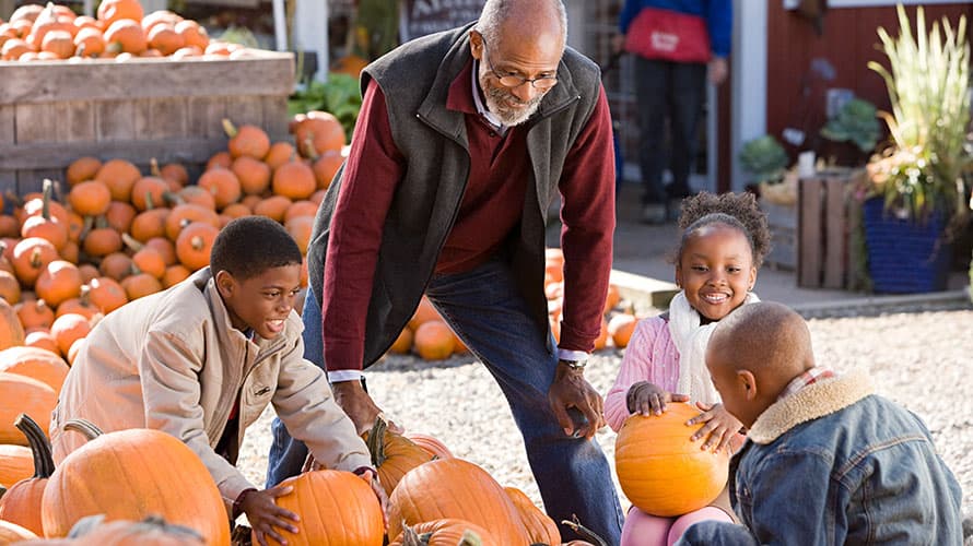 A family choosing a pumpkin from a farm stall