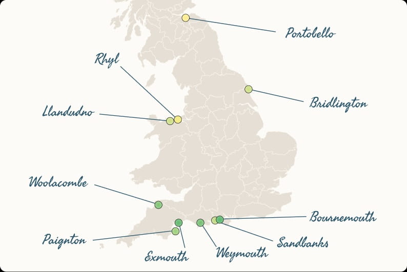 A map of the UK, showing the best beaches to visit on a rainy day