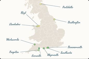 A map of the UK, showing the best beaches to visit on a rainy day