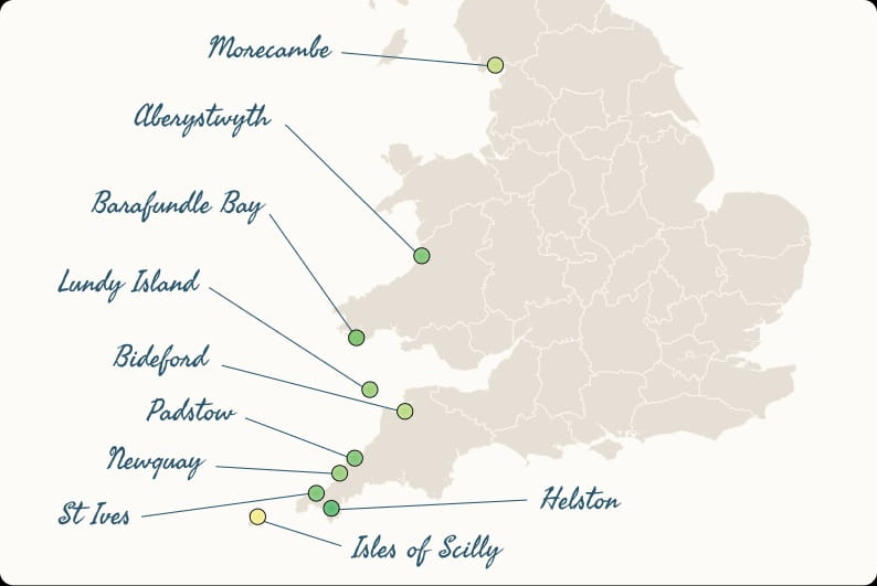 A map of the UK, showing the best places to spot a rainbow