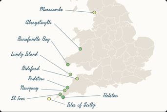 A map of the UK, showing the best places to spot a rainbow