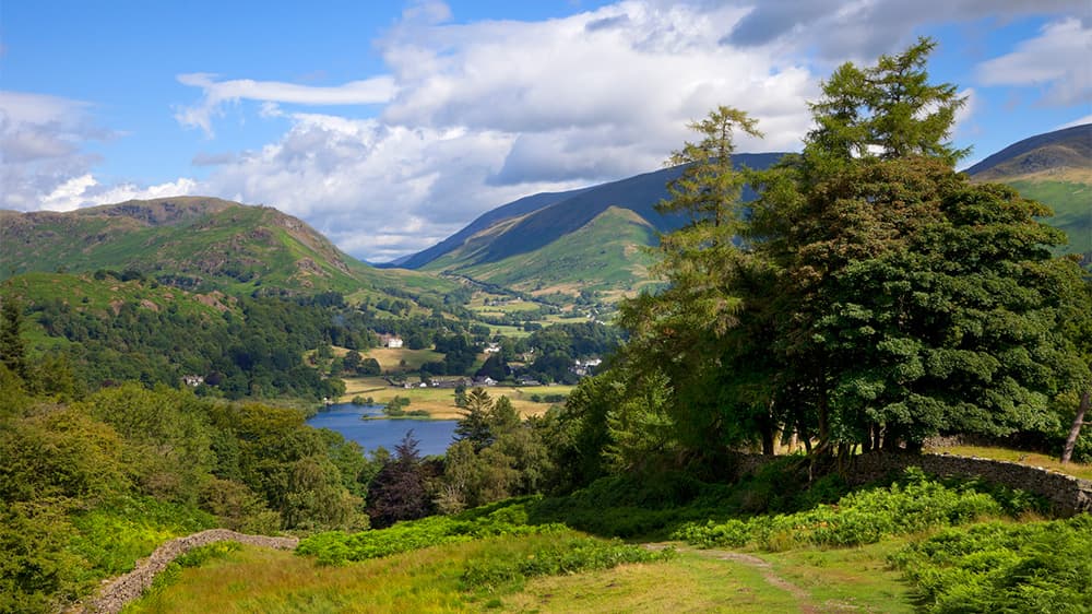 A view over Grasmere lake and the surrounding hills
