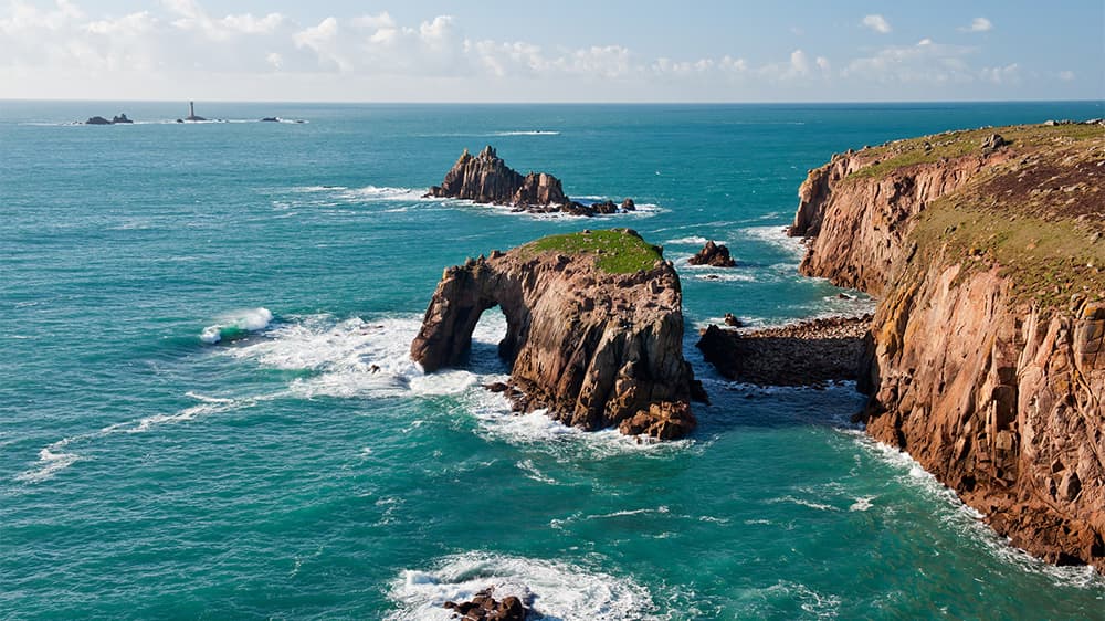 Stacks and headlands in the Atlantic at Land's End in Cornwall