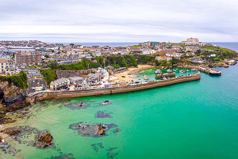 An aerial view over Newquay harbour in Cornwall